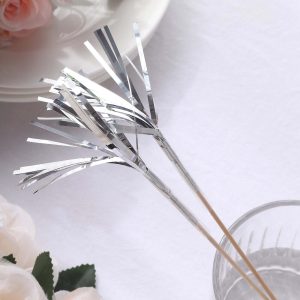 100-Pack Bamboo Skewers 9", Silver Firework Festive Foil Frills Cupcake Toppers - Cocktail Food Picks