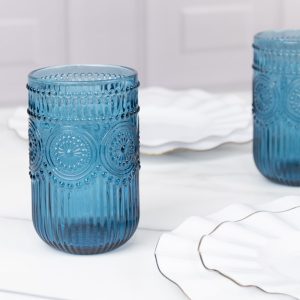 6-Pack Vintage Embossed Glass Tumblers 14oz Highball Design Ocean Blue - Textured Floral Pattern for Cocktails & Drinks